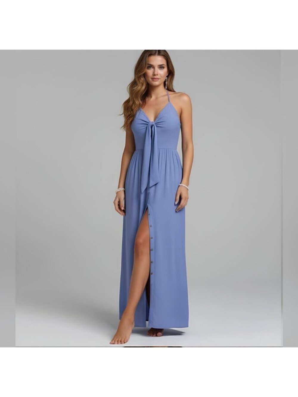 Boho Blue Knot Front Tie Back Maxi Halter Dress